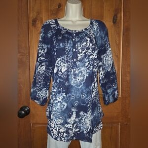 Chaps Navy and White Floral Blouse 100% Cotton